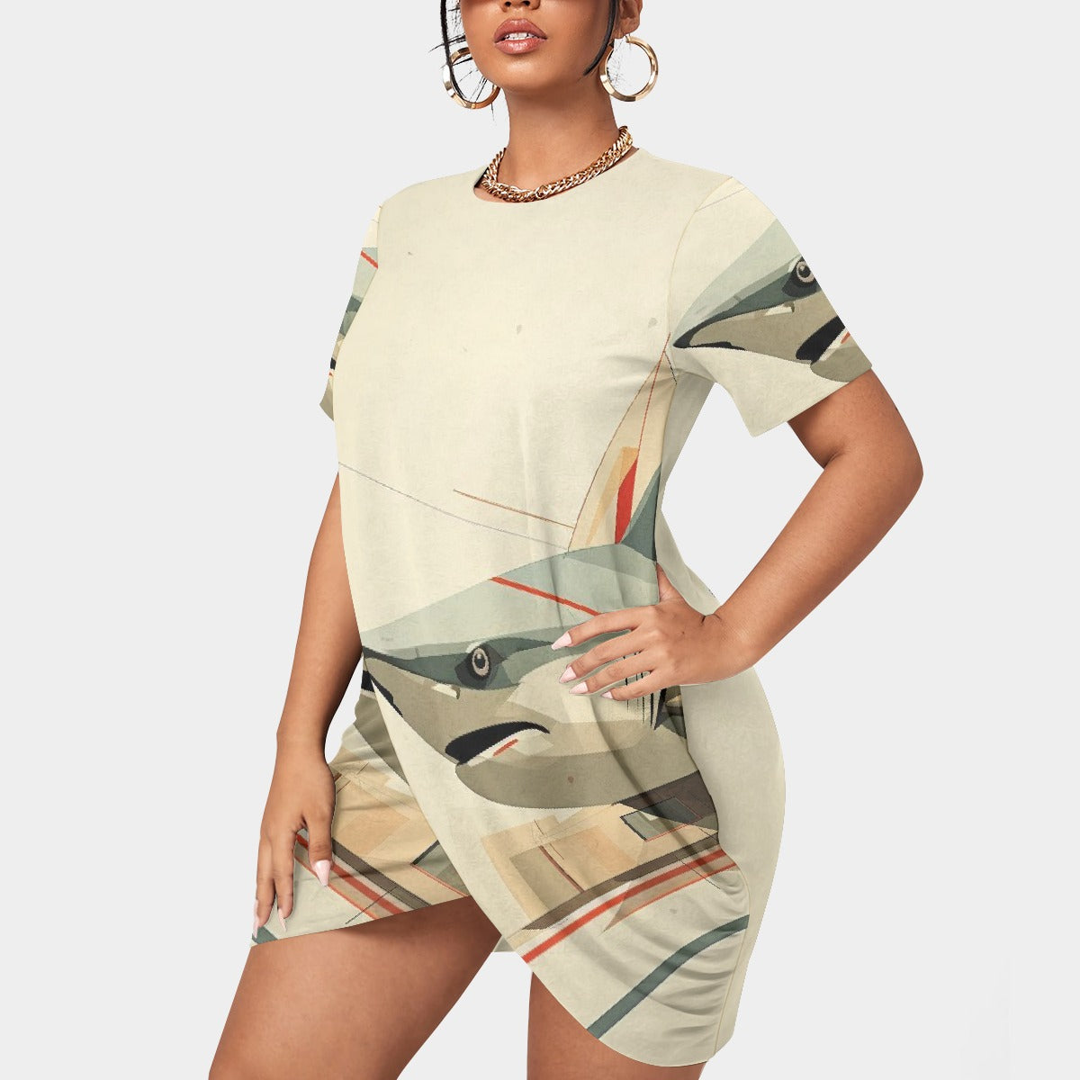 All-Over Print Women’s Stacked Hem Dress With Short Sleeve（Plus Size）