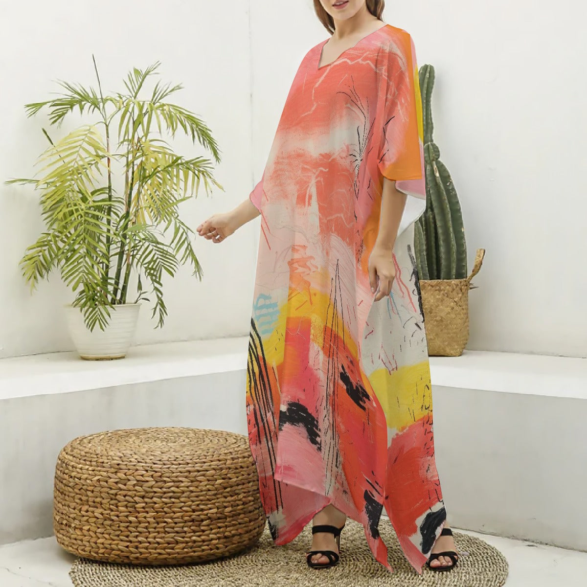 All-Over Print Women's Imitation Silk V-neck Kaftan Robe