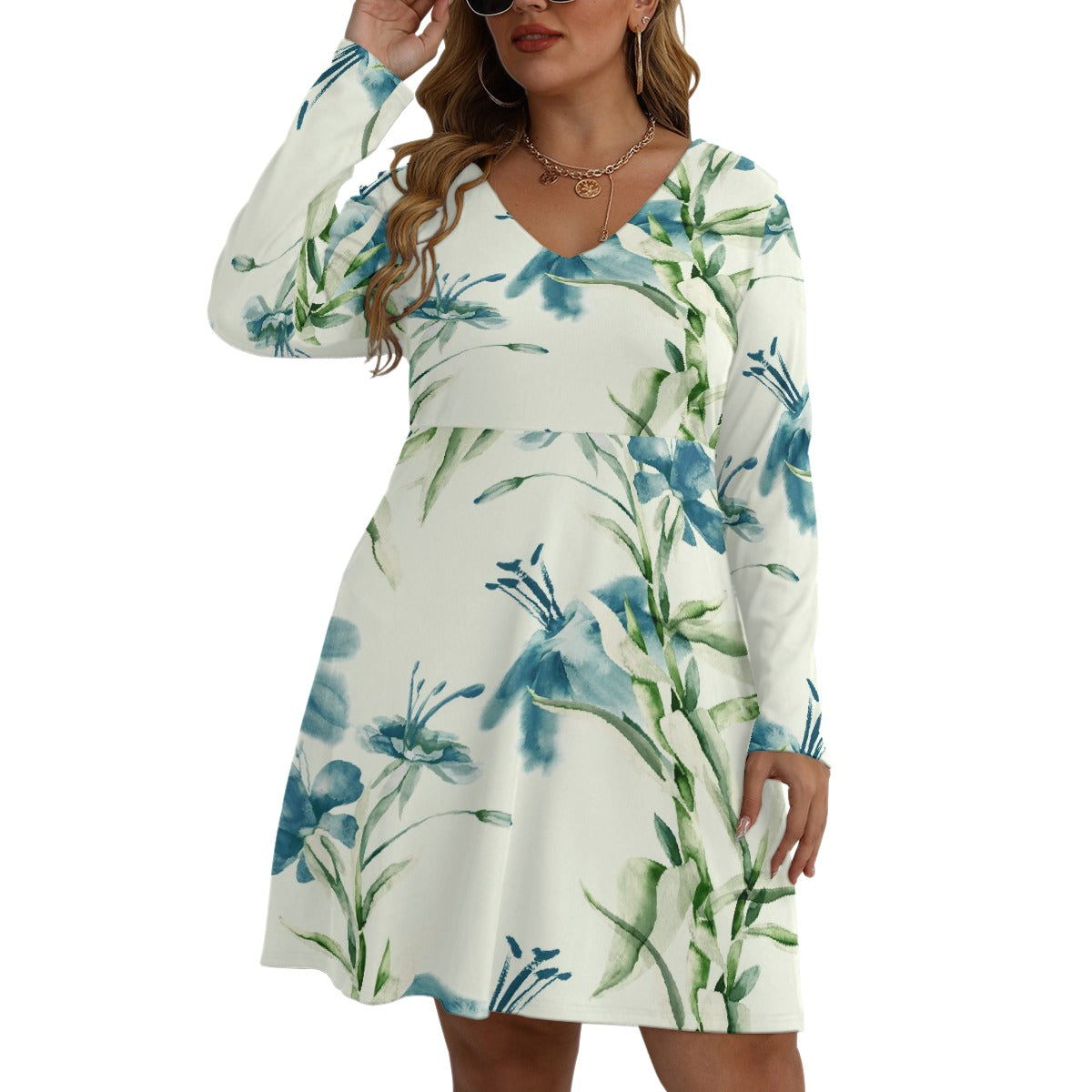 All-Over Print Women's V-neck Long Sleeve Dress(Plus Size)