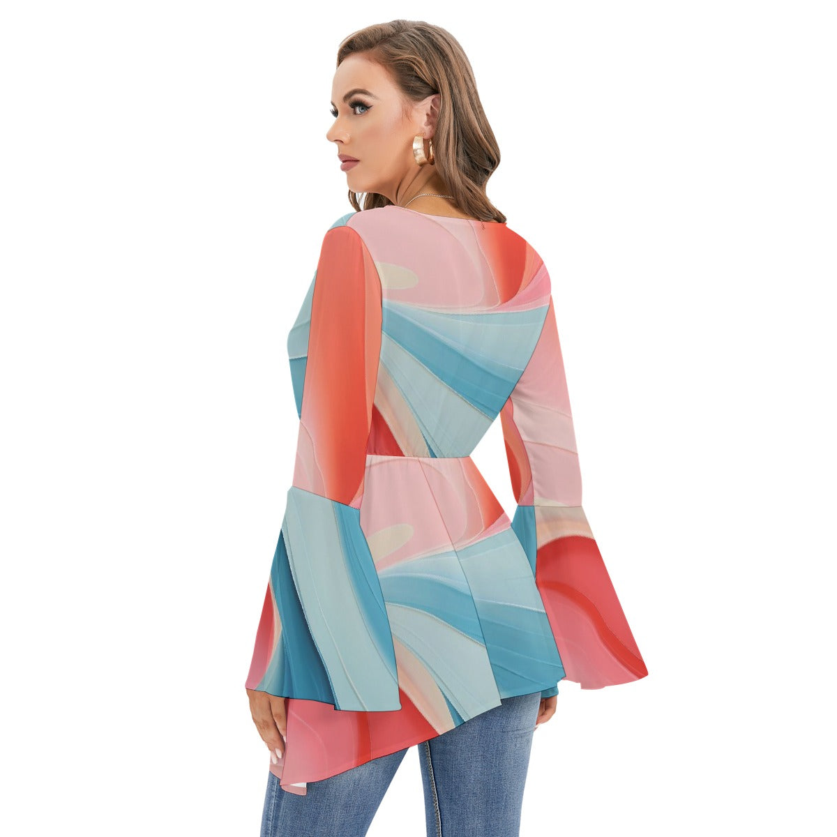All-Over Print Women's V-neck Blouse With Flared Sleeves