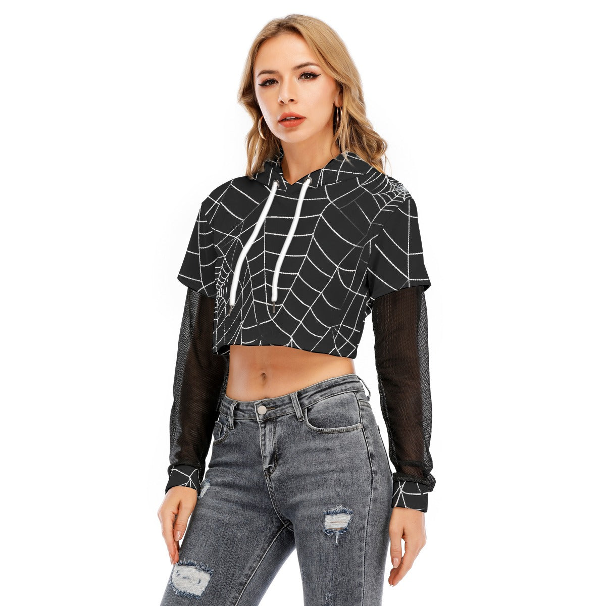 All-Over Print Women's Fake Two-piece Mesh Sleeve Cropped Hoodie