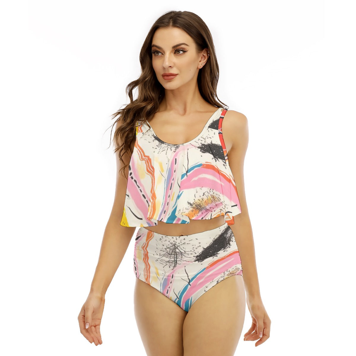 All-Over Print Women's Ruffled Vest Bikini Swimsuit