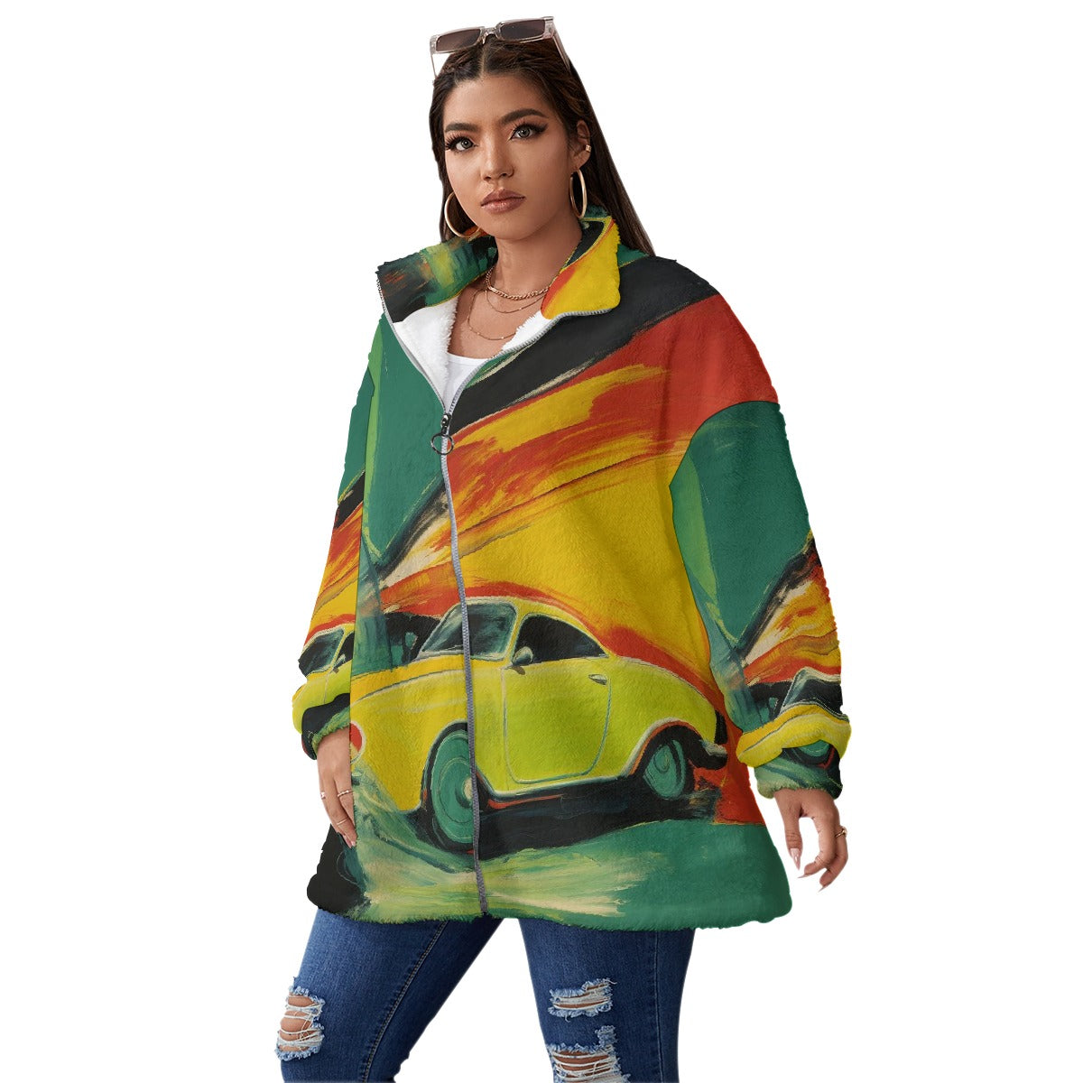 All-Over Print Unisex Borg Fleece Stand-up Collar Coat With Zipper Closure(Plus Size)