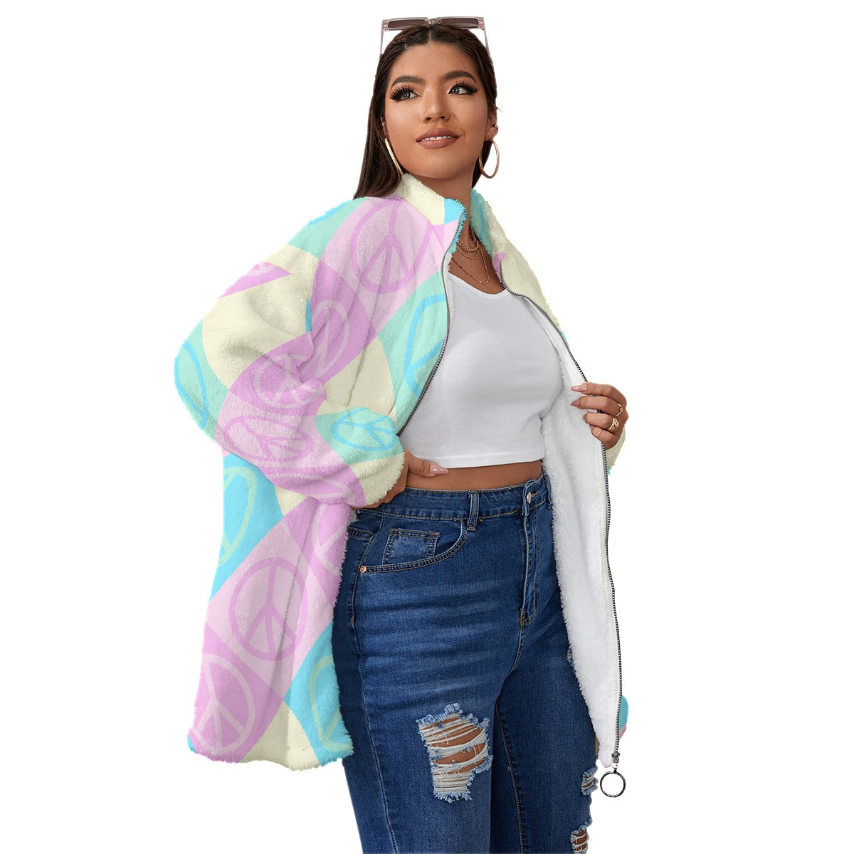 All-Over Print Unisex Borg Fleece Stand-up Collar Coat With Zipper Closure(Plus Size)