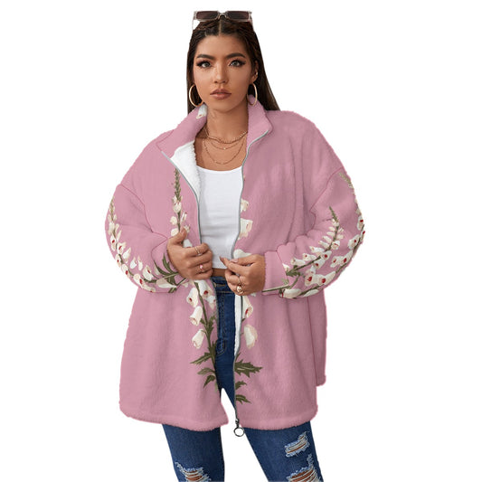 All-Over Print Unisex Borg Fleece Stand-up Collar Coat With Zipper Closure(Plus Size)