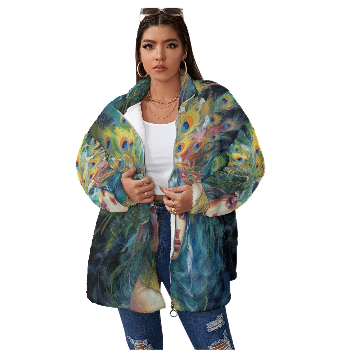 All-Over Print Unisex Borg Fleece Stand-up Collar Coat With Zipper Closure(Plus Size)
