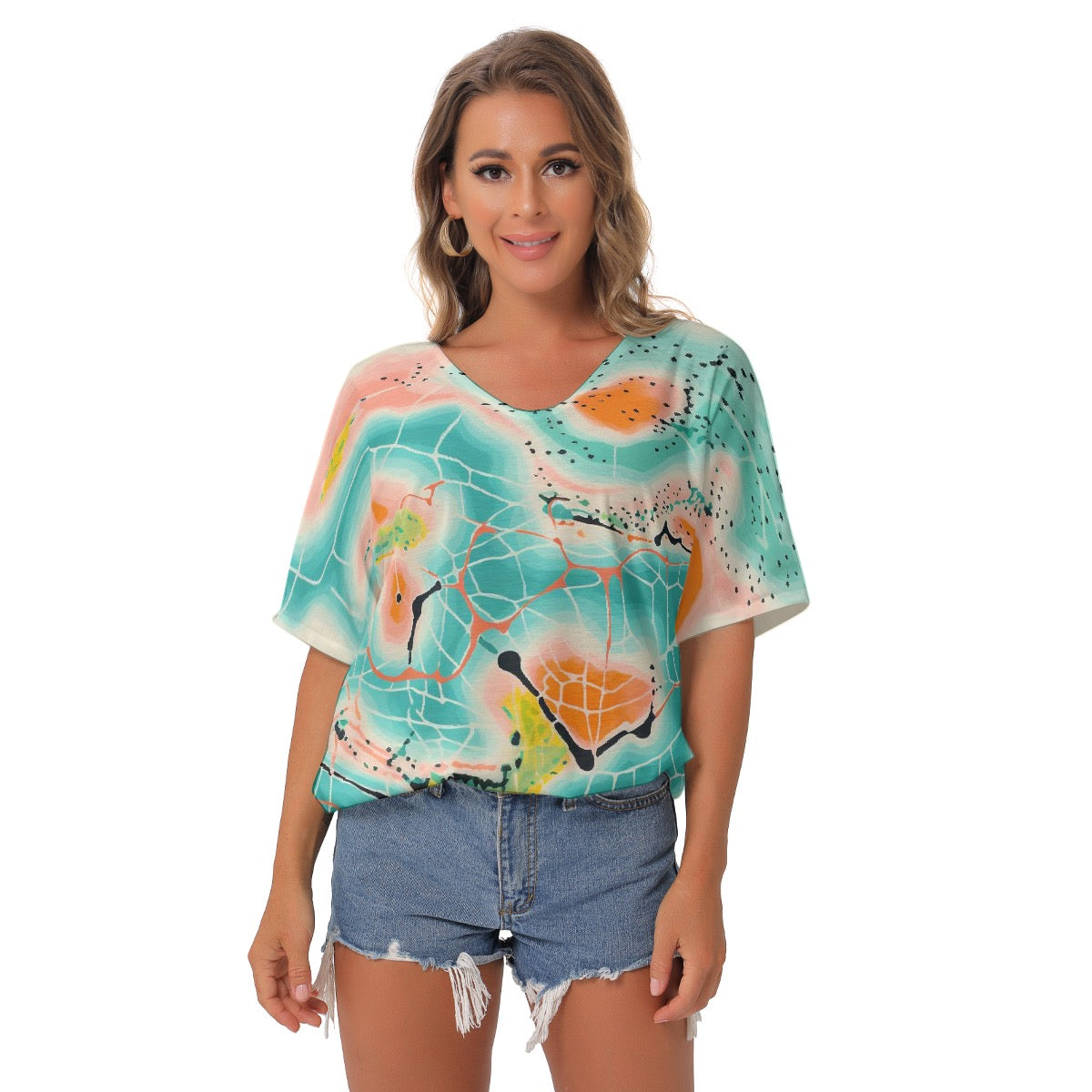 All-Over Print Women's Bat Sleeves V-Neck Blouse