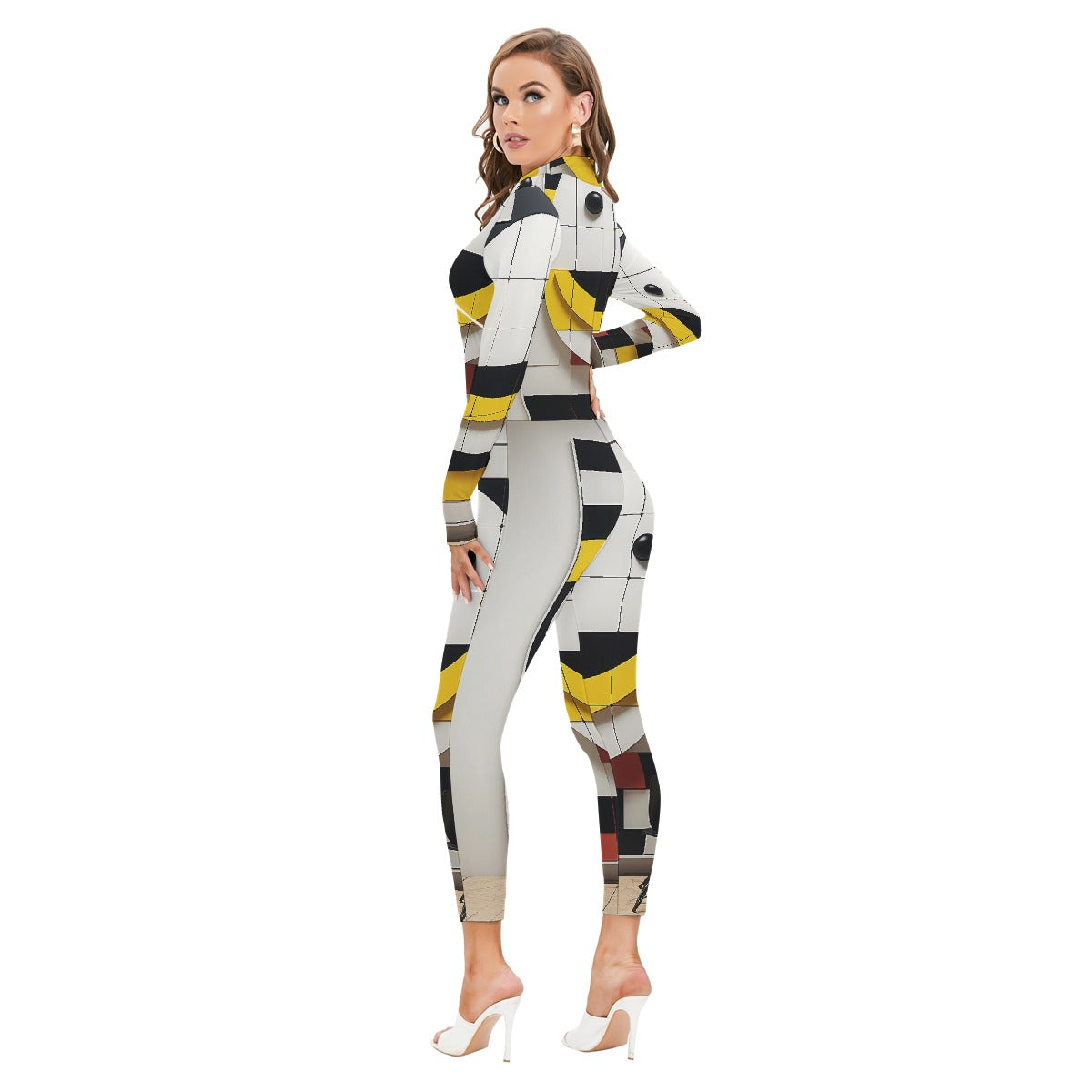 All-Over Print Women's Long-sleeved High-neck Jumpsuit With Zipper