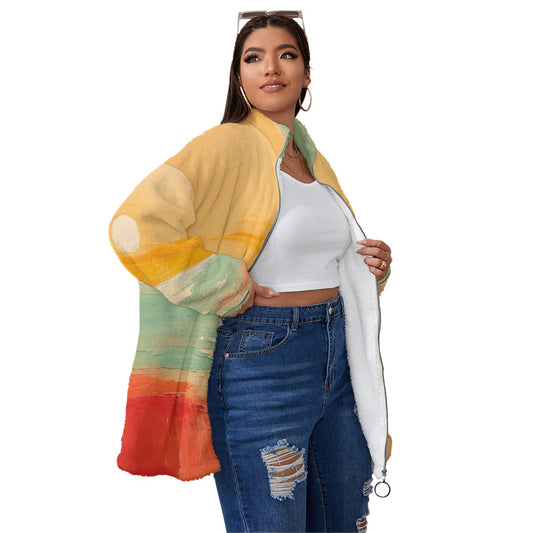 All-Over Print Unisex Borg Fleece Stand-up Collar Coat With Zipper Closure(Plus Size)