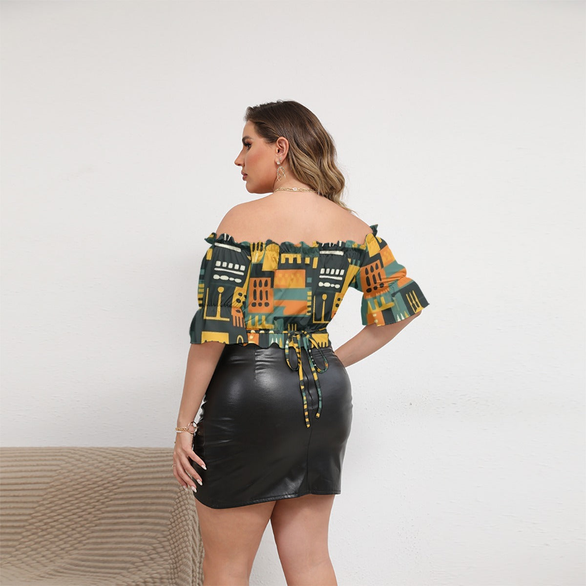 All-Over Print Women's Off-shoulder Cropped Top With Short Puff Sleeve