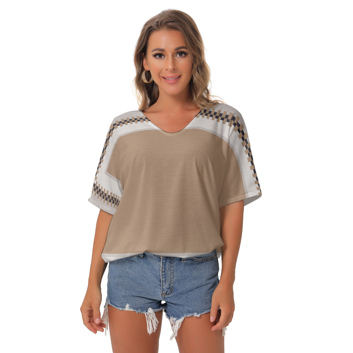 All-Over Print Women's Bat Sleeves V-Neck Blouse