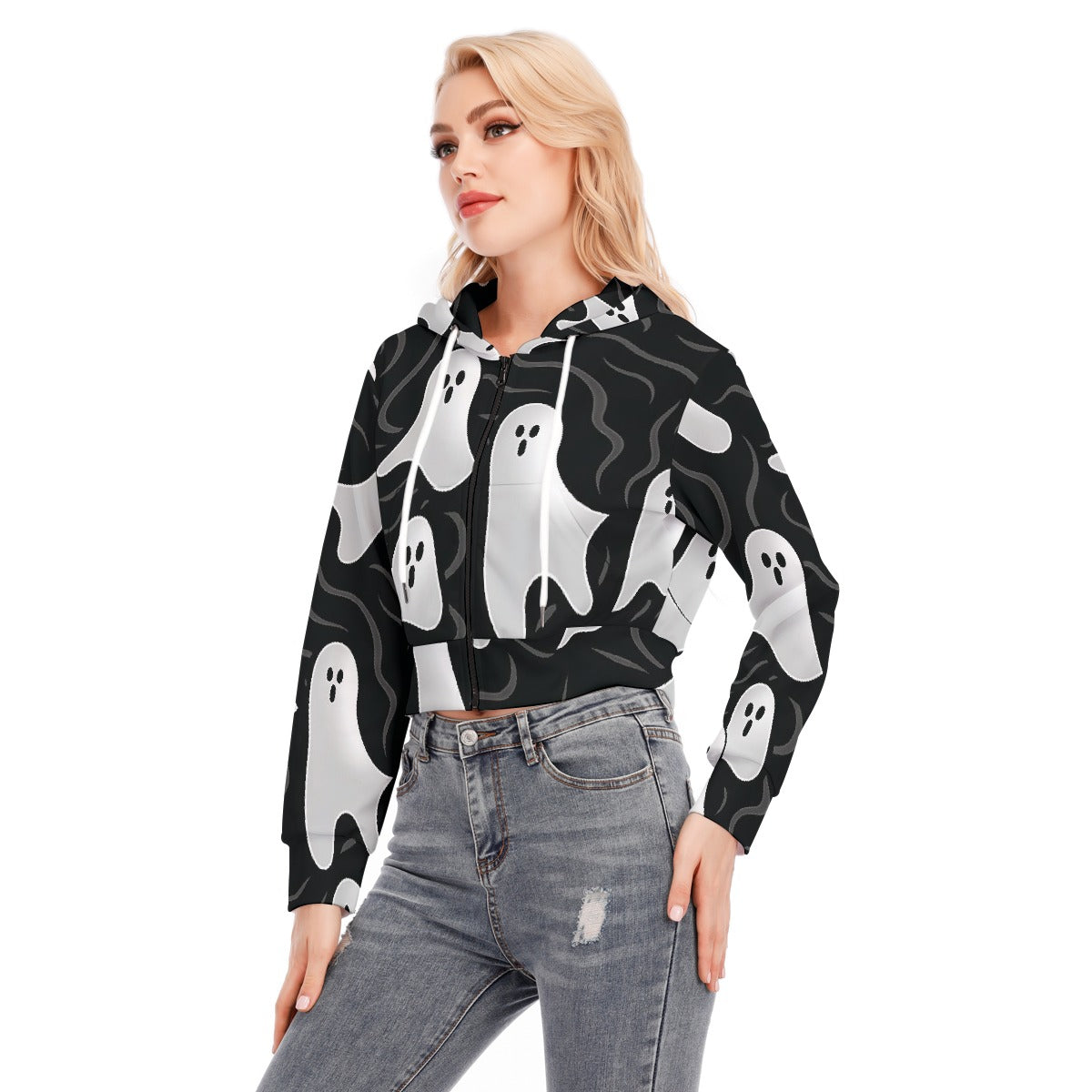 All-Over Print Women's Crop Top Hoodie With Zipper Closure