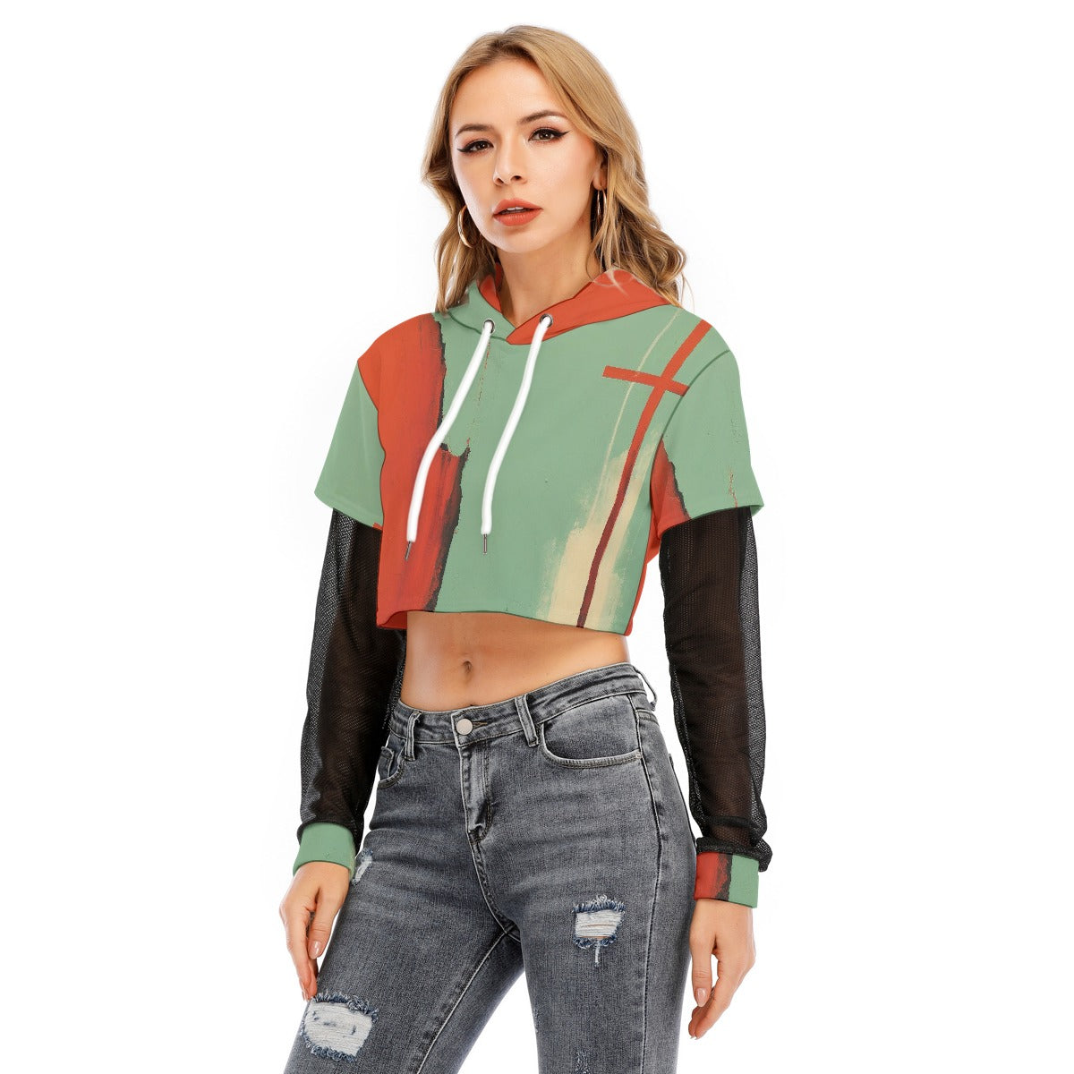 All-Over Print Women's Fake Two-piece Mesh Sleeve Cropped Hoodie