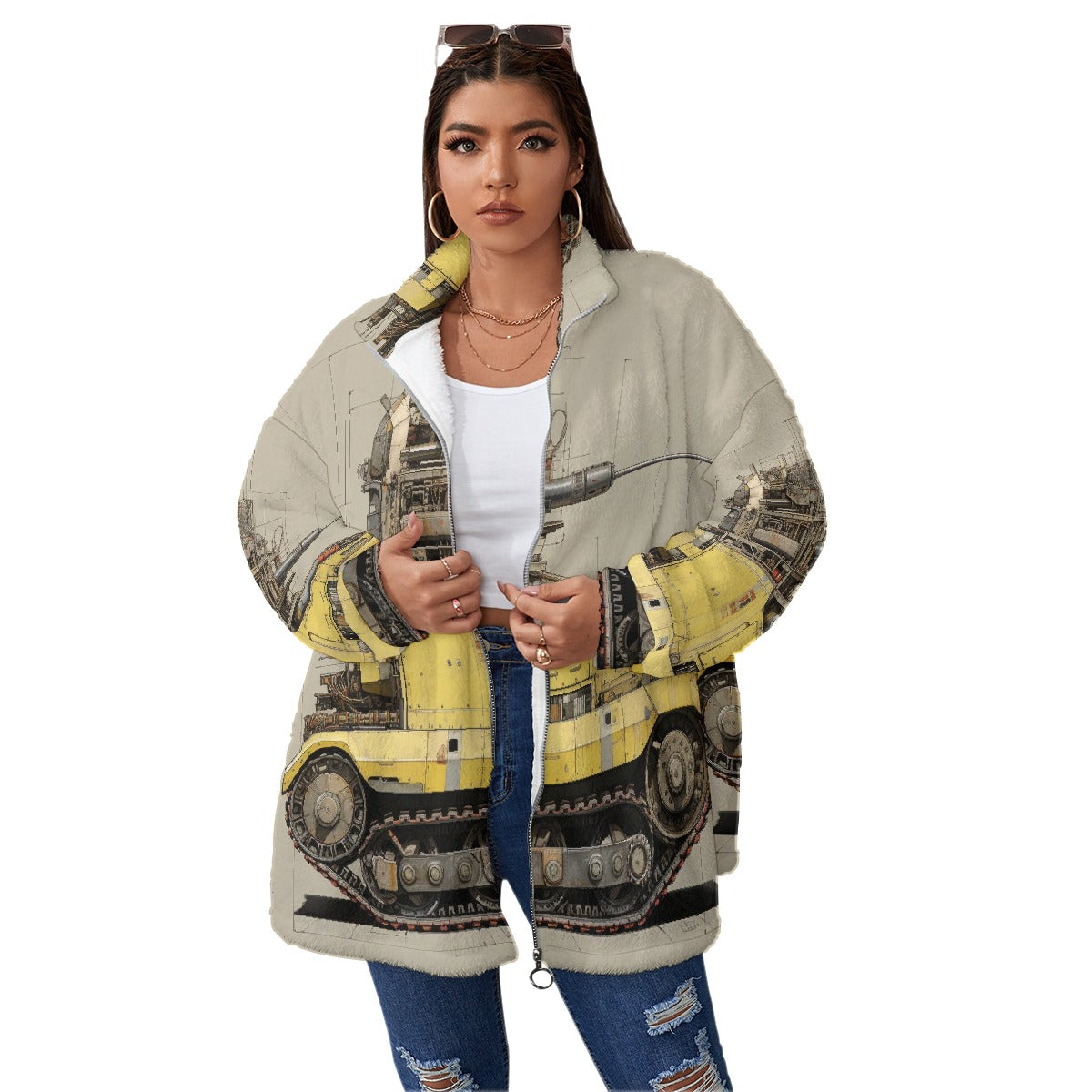 All-Over Print Unisex Borg Fleece Stand-up Collar Coat With Zipper Closure(Plus Size)