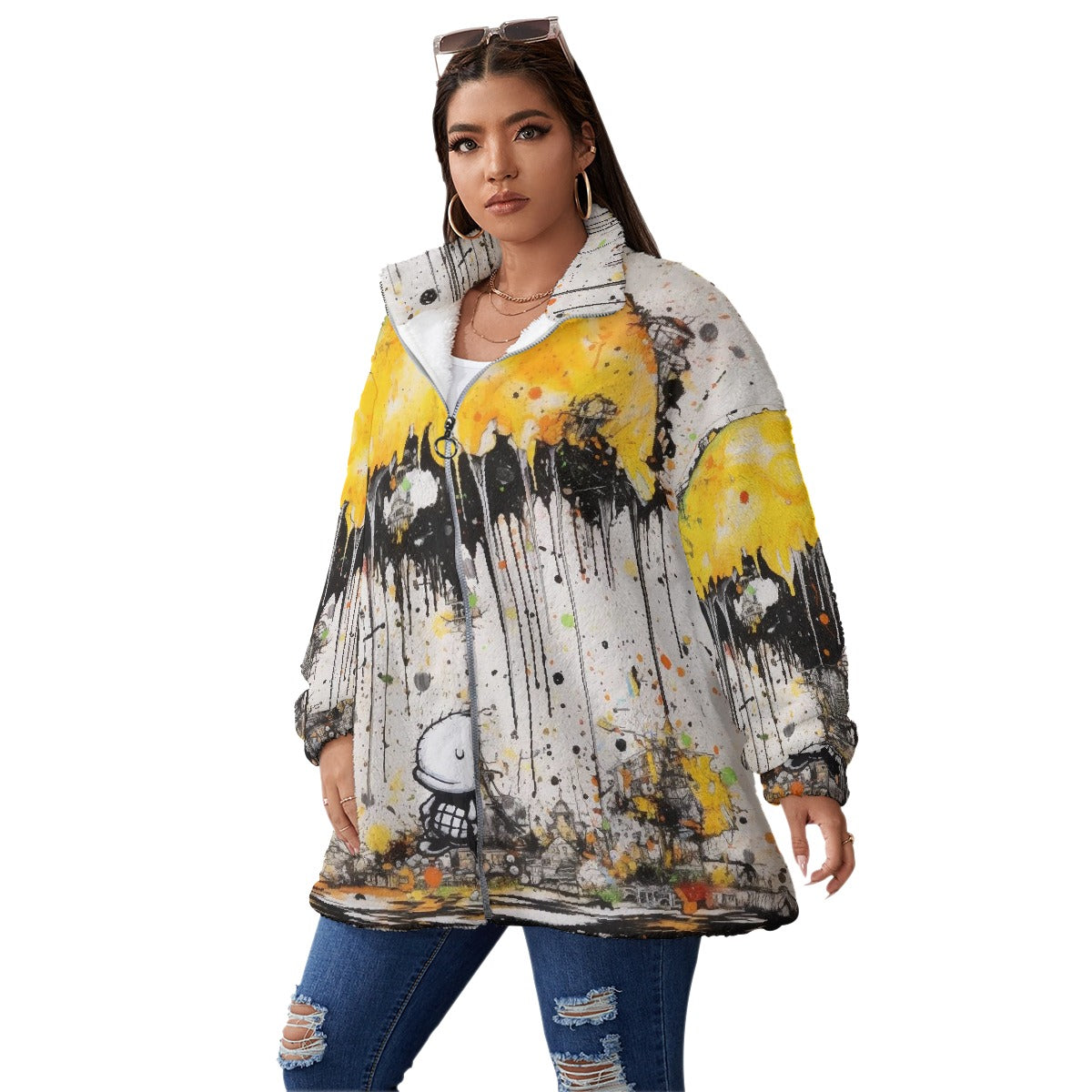 All-Over Print Unisex Borg Fleece Stand-up Collar Coat With Zipper Closure(Plus Size)