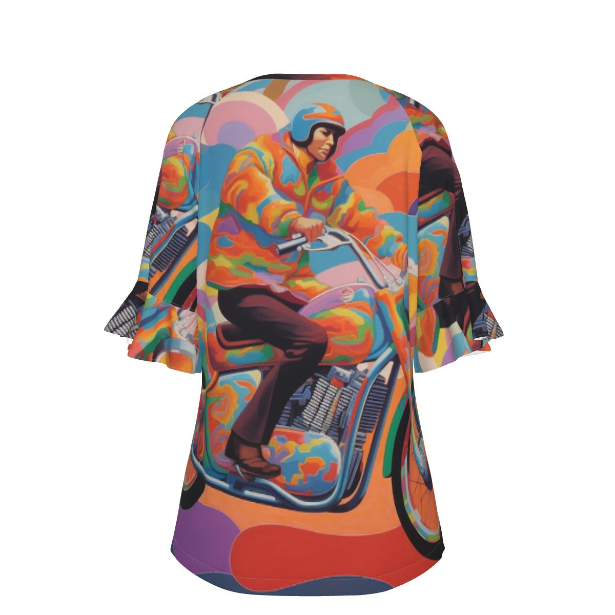 All-Over Print V-neck Women's T-shirt With Bell Sleeve