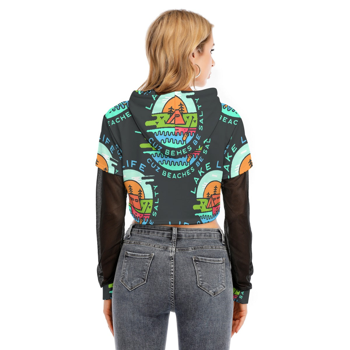 All-Over Print Women's Fake Two-piece Mesh Sleeve Cropped Hoodie