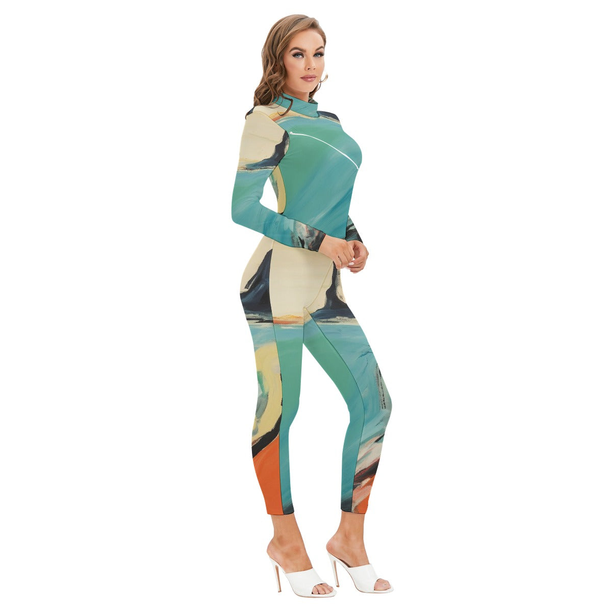 All-Over Print Women's Long-sleeved High-neck Jumpsuit With Zipper