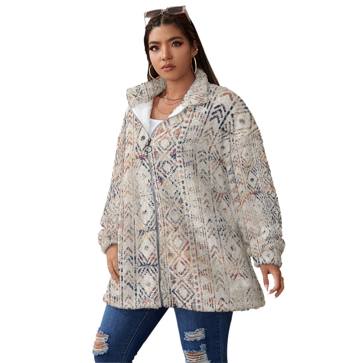 All-Over Print Unisex Borg Fleece Stand-up Collar Coat With Zipper Closure(Plus Size)