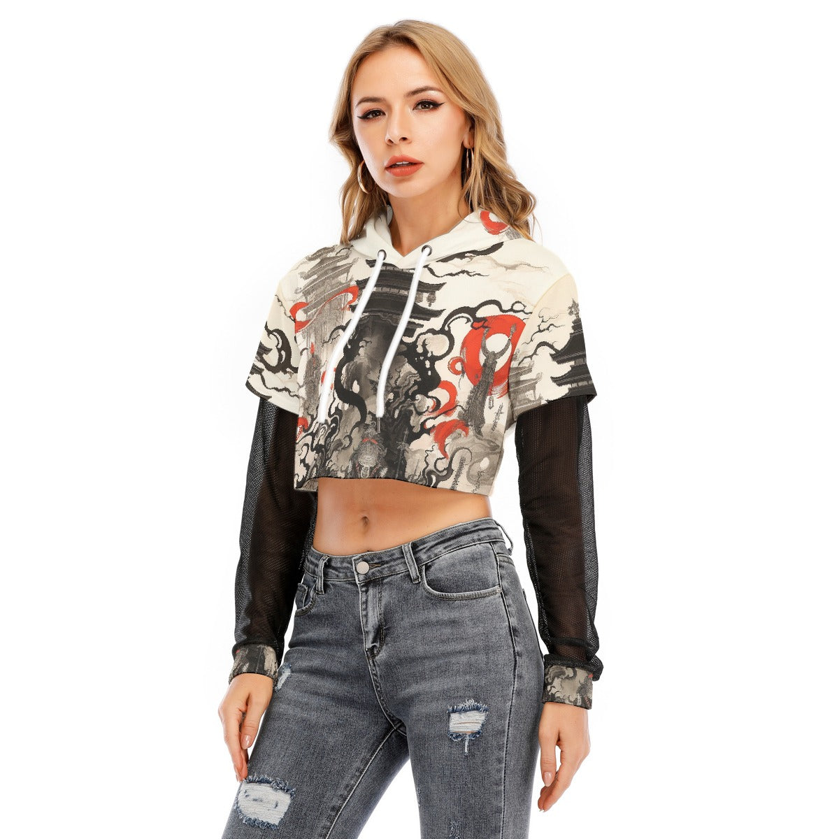 All-Over Print Women's Fake Two-piece Mesh Sleeve Cropped Hoodie