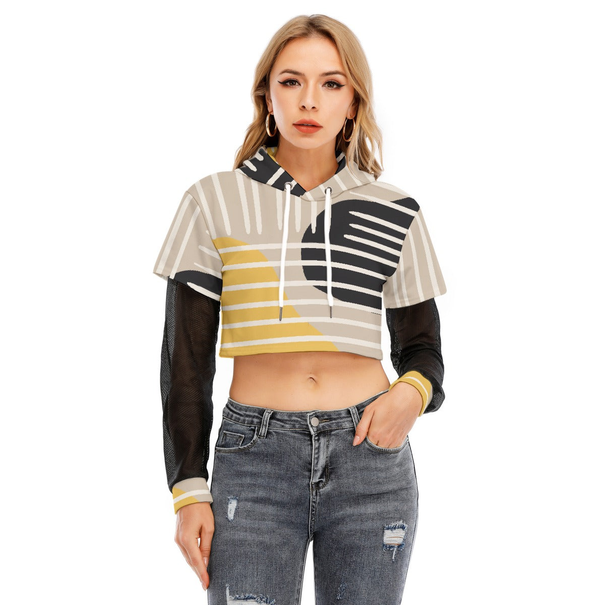 All-Over Print Women's Fake Two-piece Mesh Sleeve Cropped Hoodie