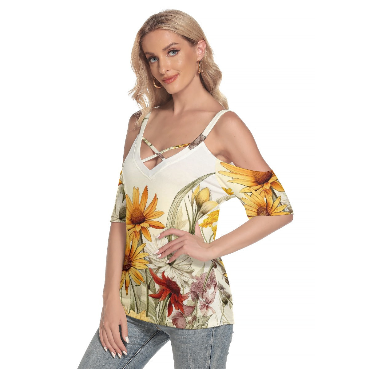 All-Over Print Women's Cold Shoulder T-shirt With Criss Cross Strips