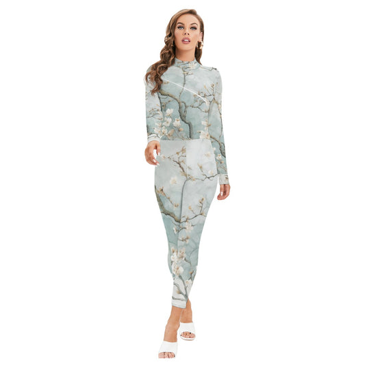 All-Over Print Women's Long-sleeved High-neck Jumpsuit With Zipper
