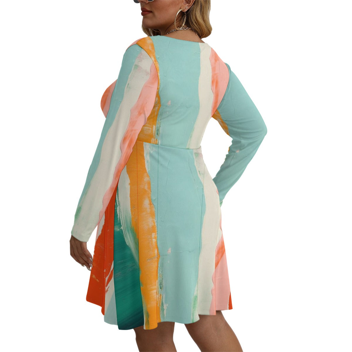 All-Over Print Women's V-neck Long Sleeve Dress(Plus Size)