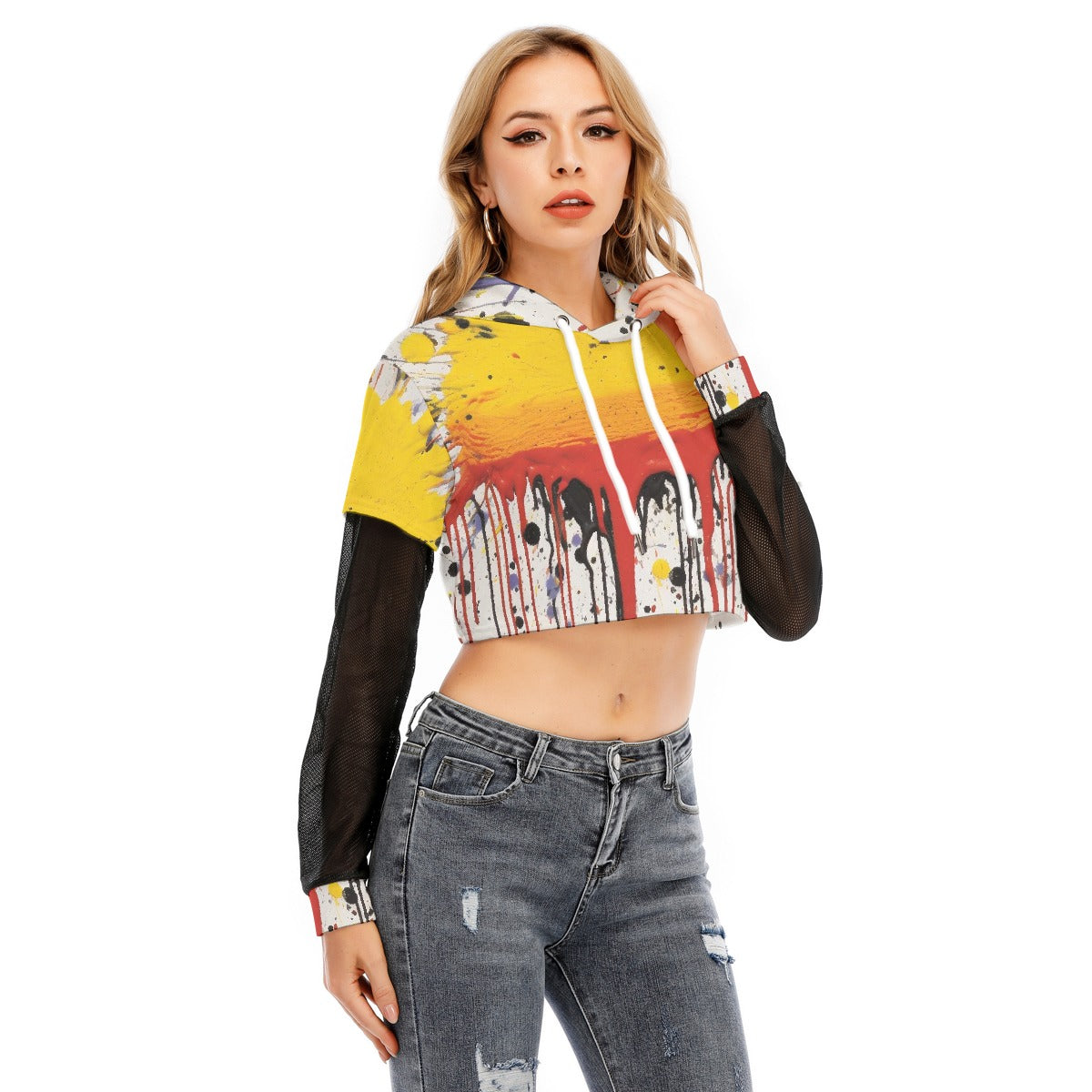 All-Over Print Women's Fake Two-piece Mesh Sleeve Cropped Hoodie