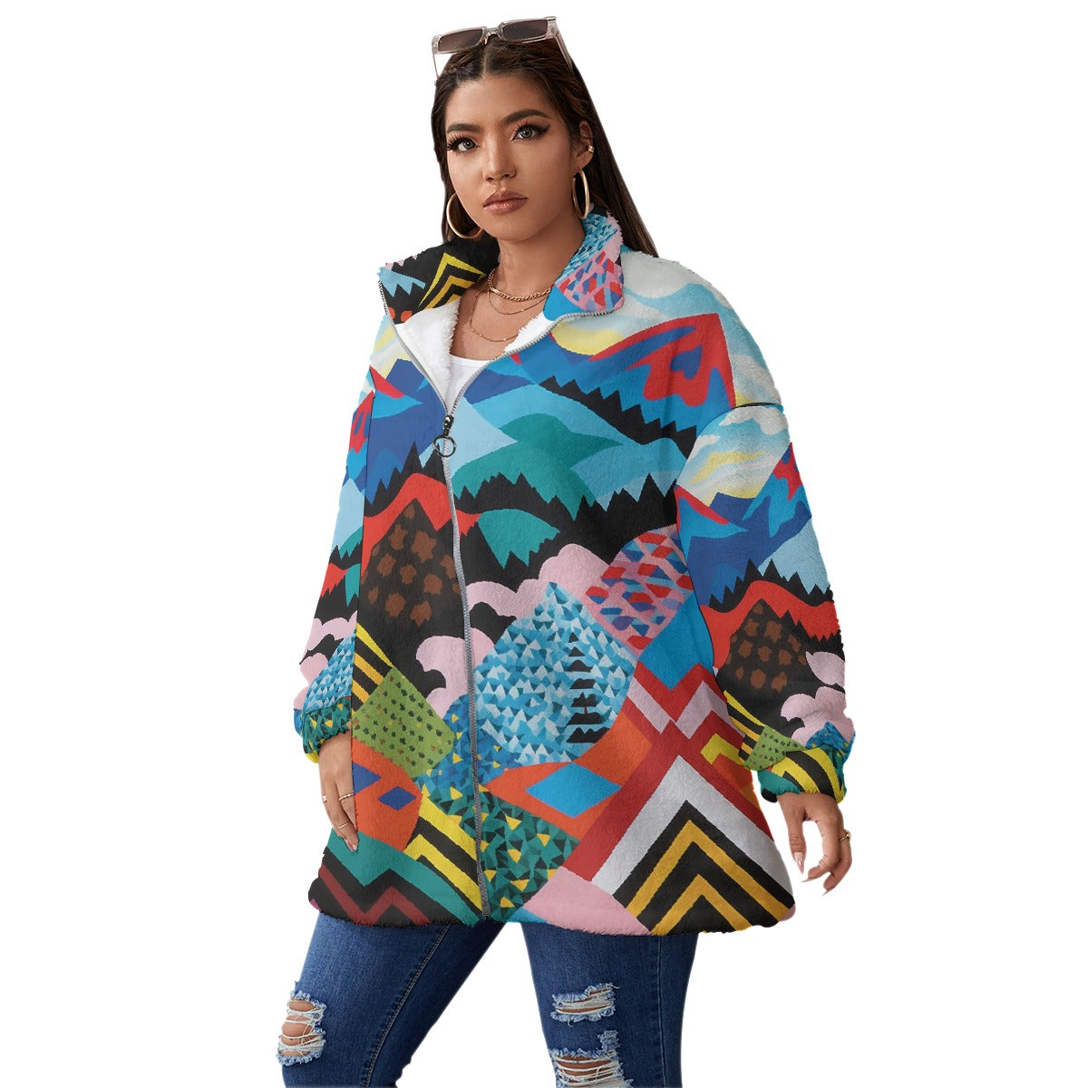 All-Over Print Unisex Borg Fleece Stand-up Collar Coat With Zipper Closure(Plus Size)