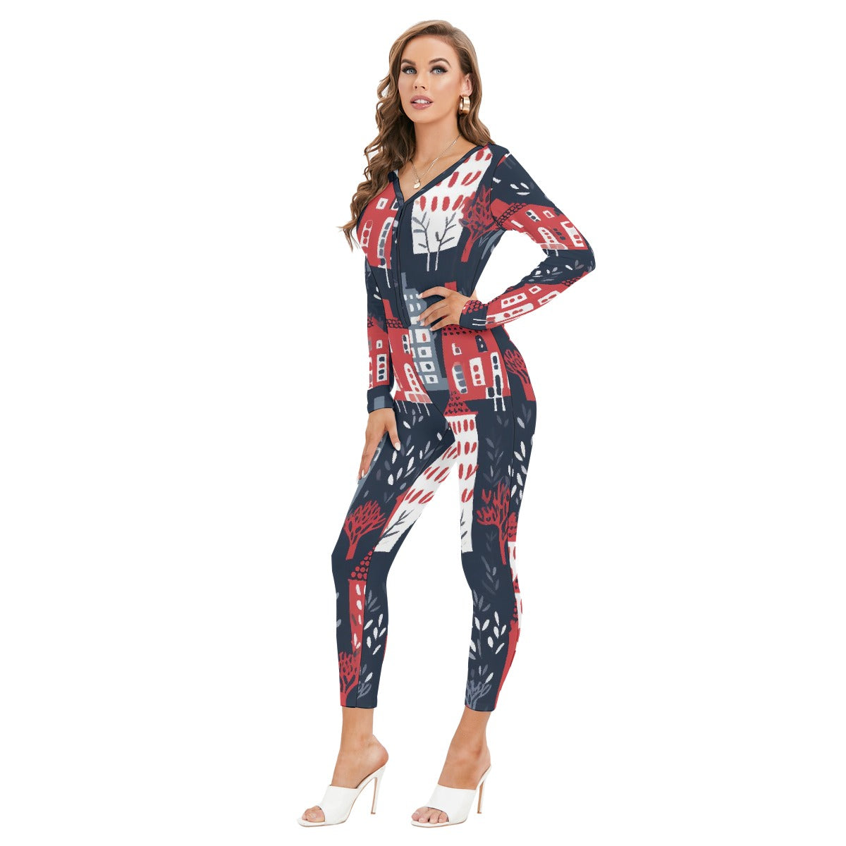 All-Over Print Women's Plunging Neck Jumpsuit