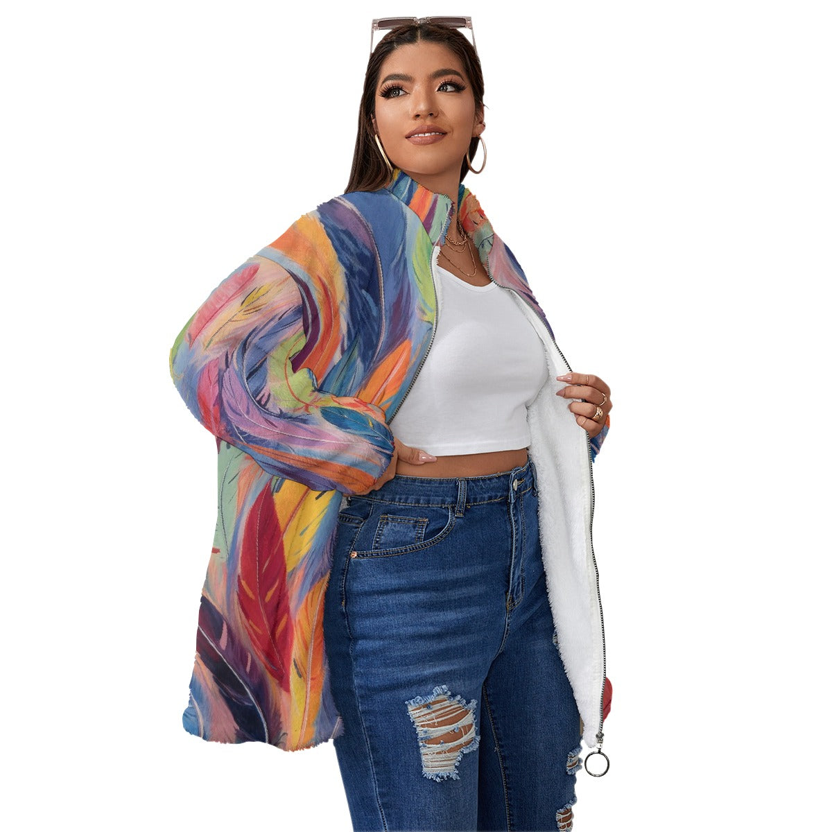 All-Over Print Unisex Borg Fleece Stand-up Collar Coat With Zipper Closure(Plus Size)