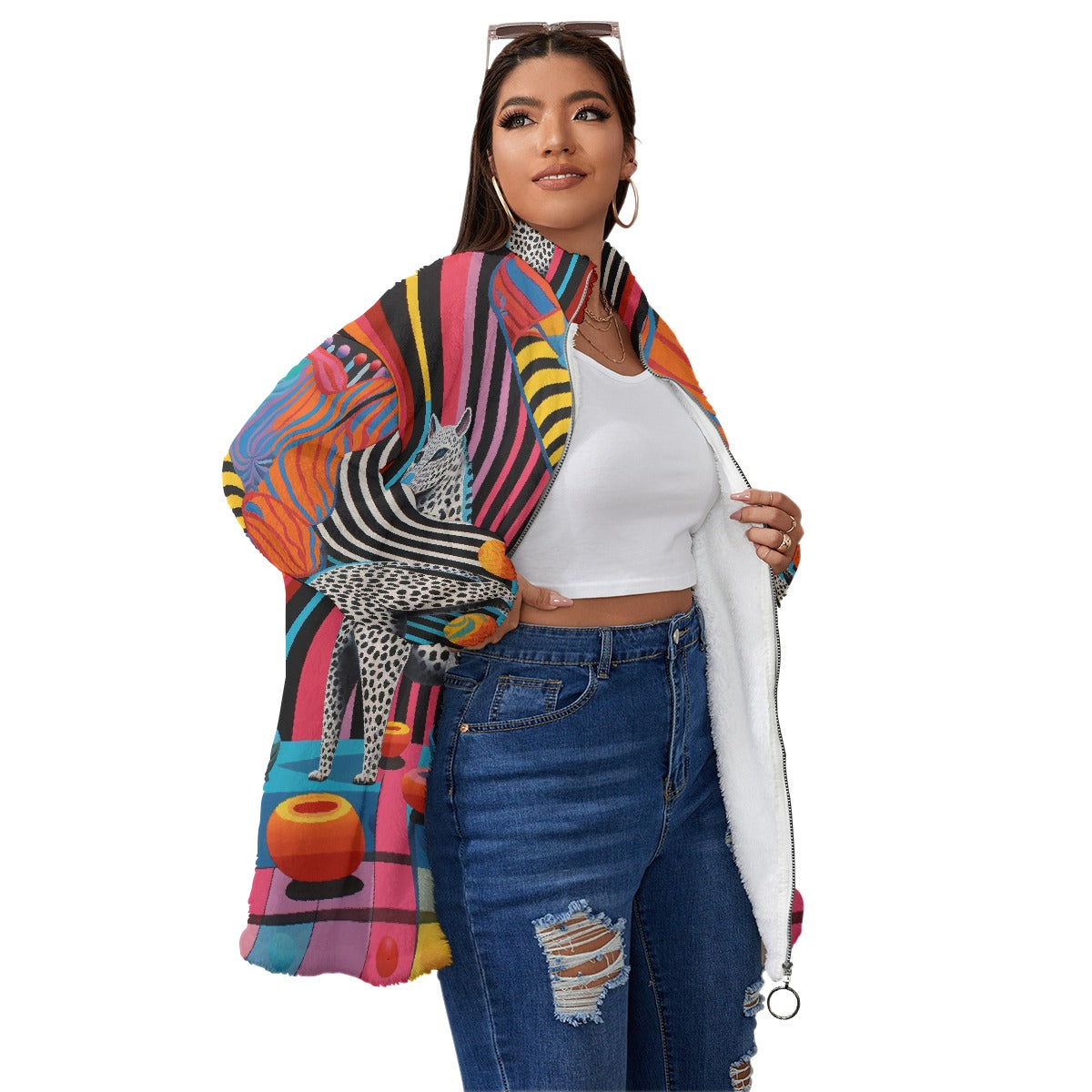 All-Over Print Unisex Borg Fleece Stand-up Collar Coat With Zipper Closure(Plus Size)