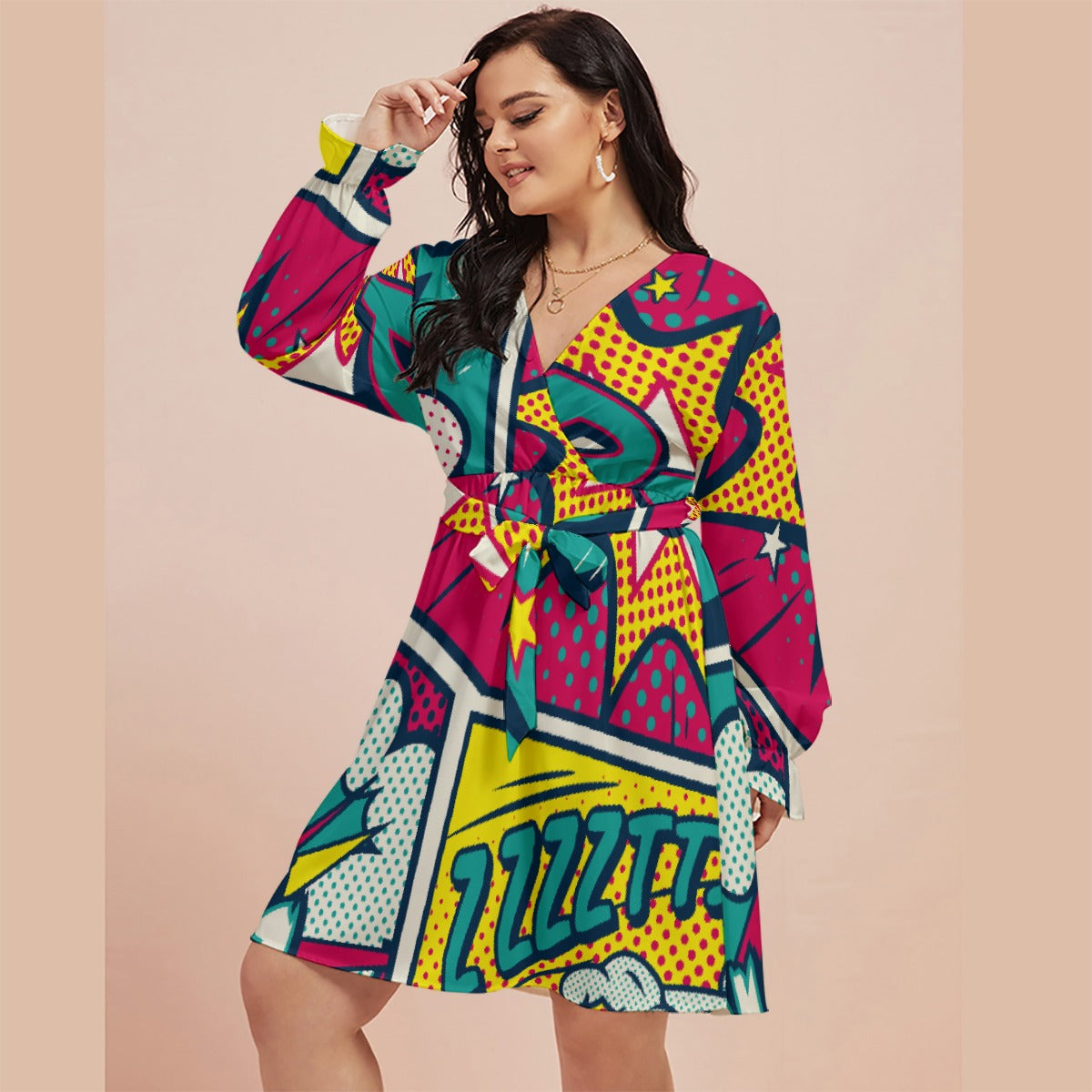 All-Over Print Women's V-neck Dress With Waistband(Plus Size)