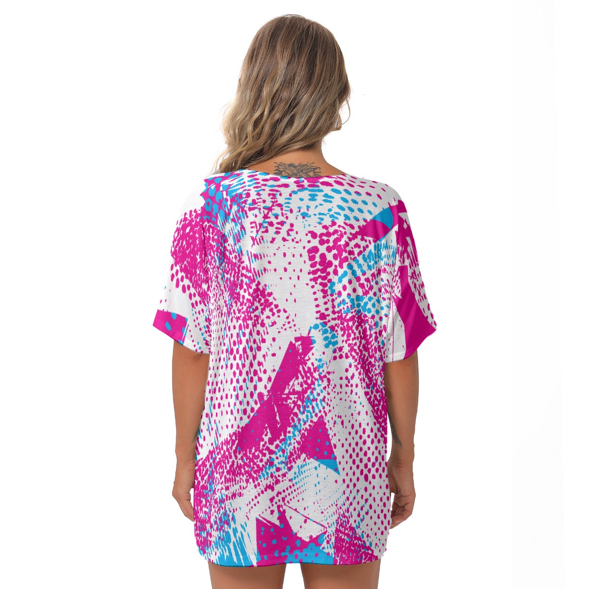 All-Over Print Women's Bat Sleeves V-Neck Blouse