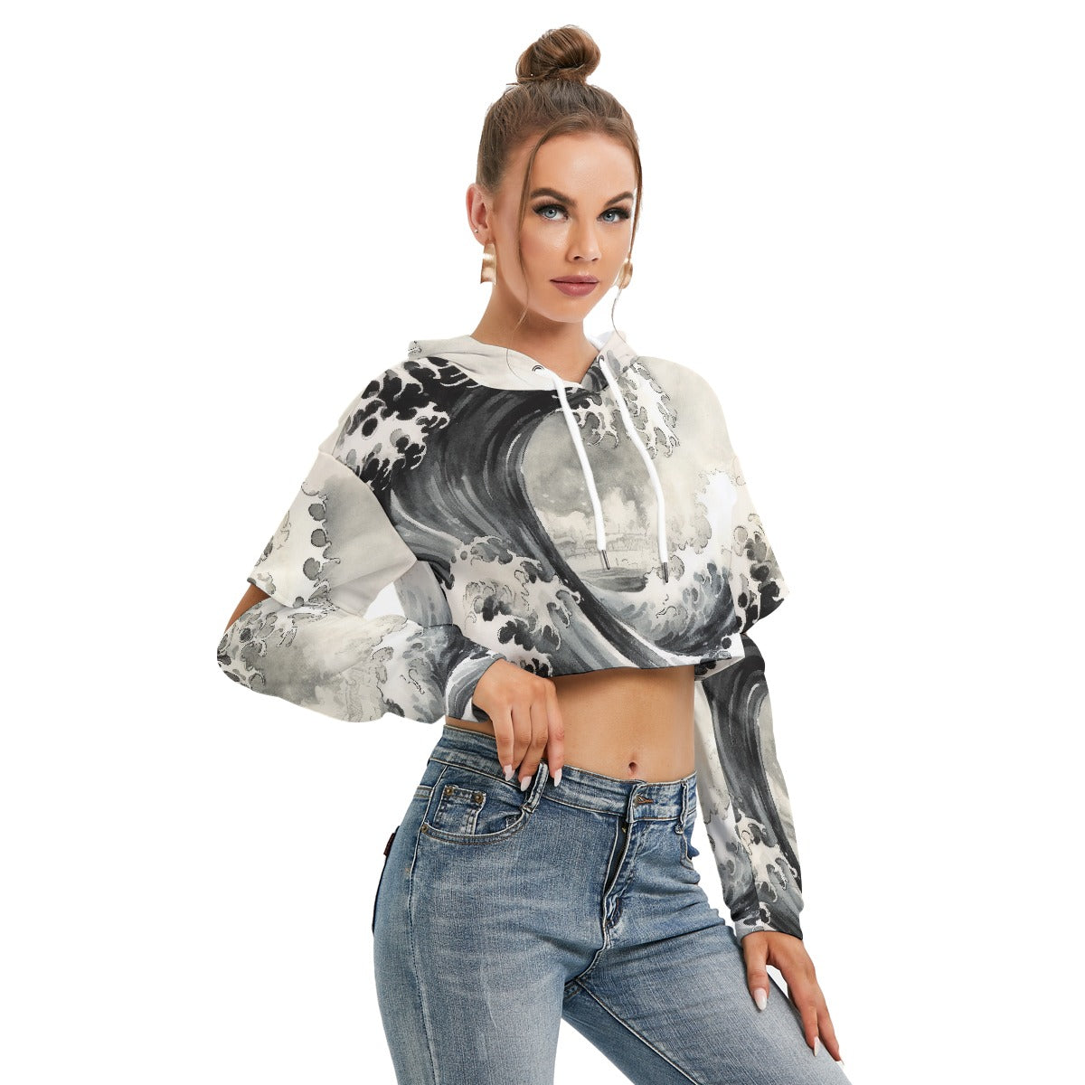 All-Over Print Women's Heavy Fleece Hoodie With Hollow Out Sleeve
