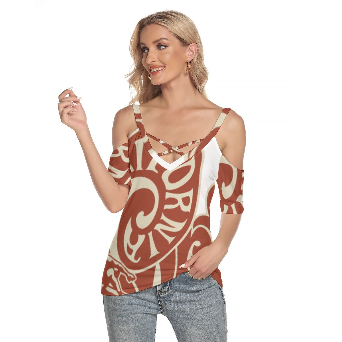 All-Over Print Women's Cold Shoulder T-shirt With Criss Cross Strips