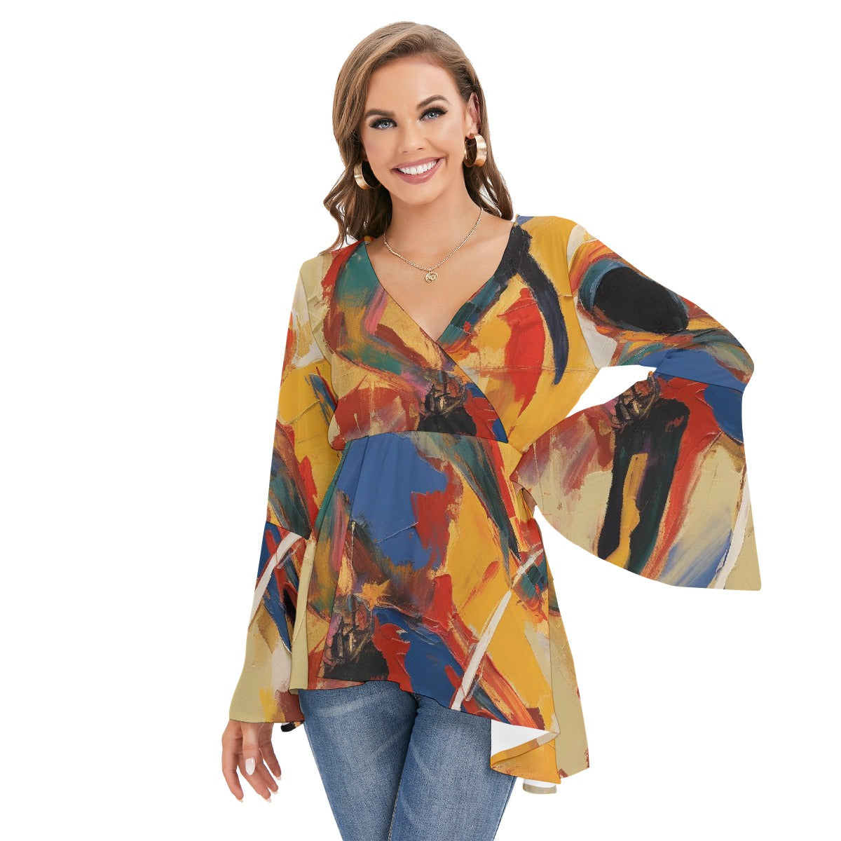 All-Over Print Women's V-neck Blouse With Flared Sleeves