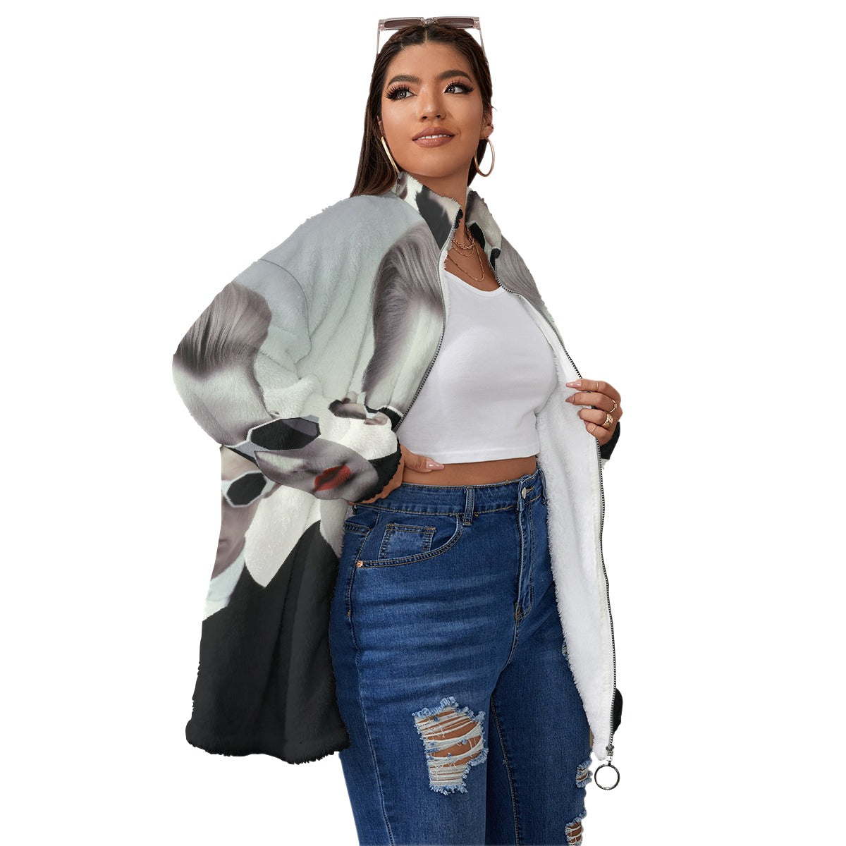 All-Over Print Unisex Borg Fleece Stand-up Collar Coat With Zipper Closure(Plus Size)