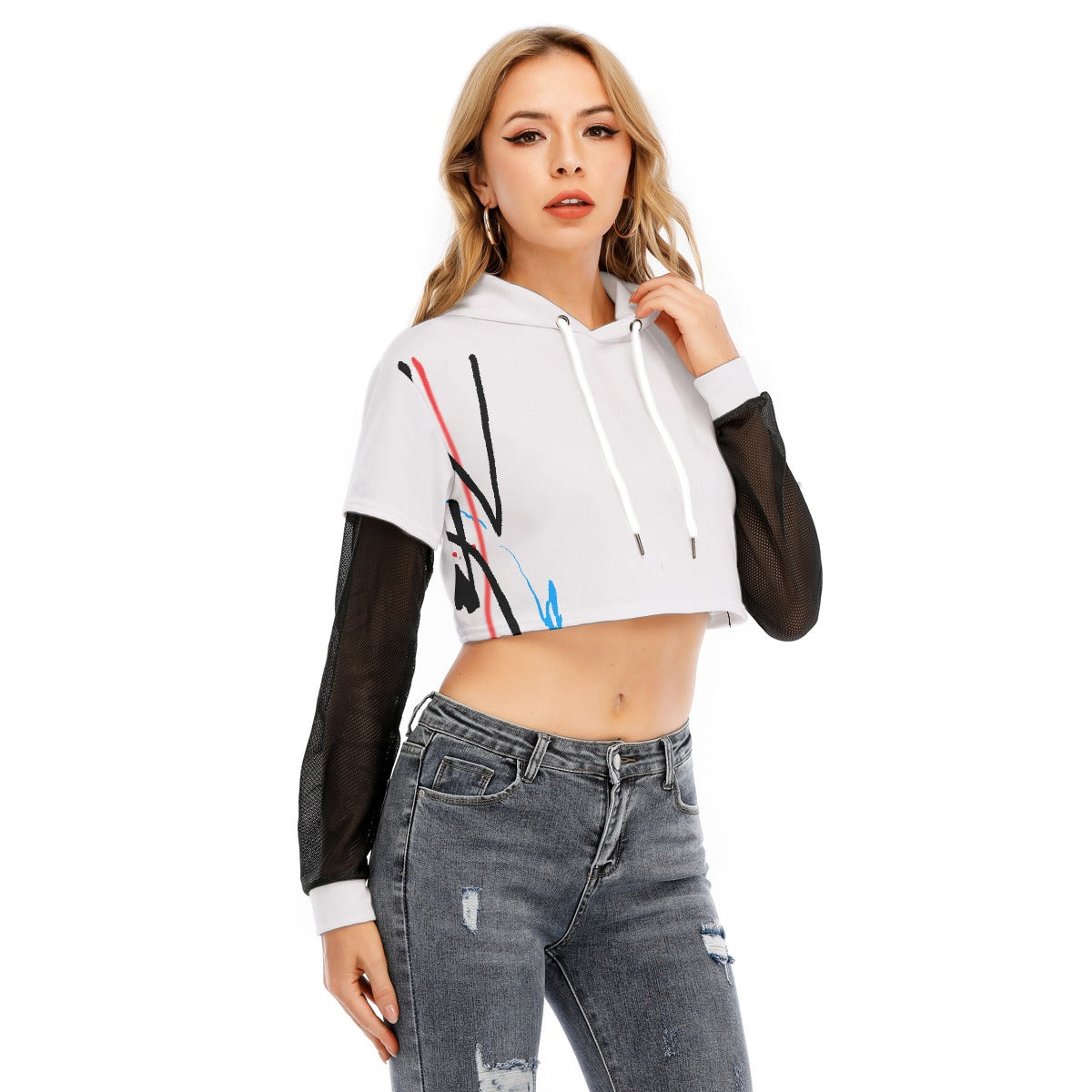 All-Over Print Women's Fake Two-piece Mesh Sleeve Cropped Hoodie