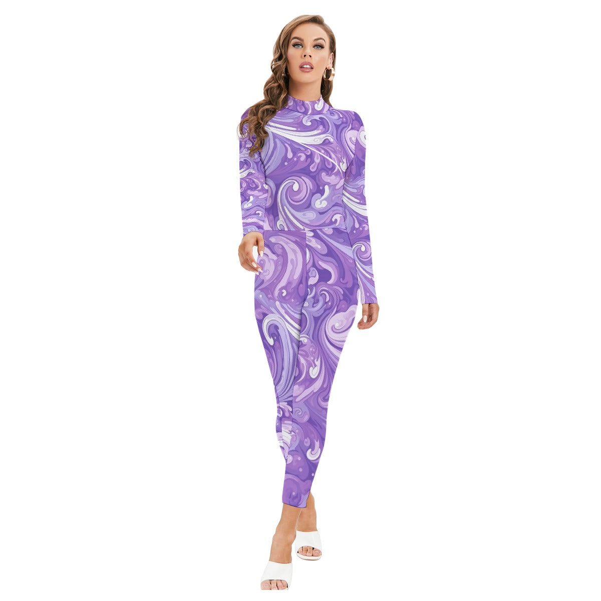 All-Over Print Women's Long-sleeved High-neck Jumpsuit With Zipper