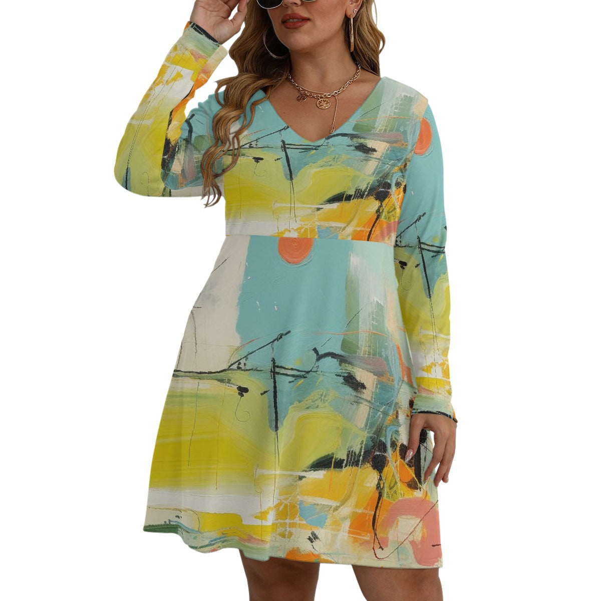 All-Over Print Women's V-neck Long Sleeve Dress(Plus Size)
