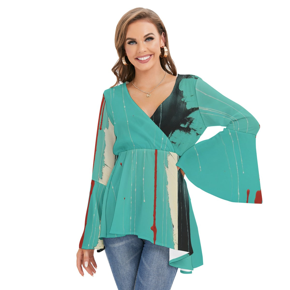All-Over Print Women's V-neck Blouse With Flared Sleeves