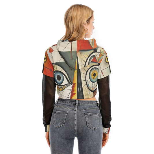 All-Over Print Women's Fake Two-piece Mesh Sleeve Cropped Hoodie