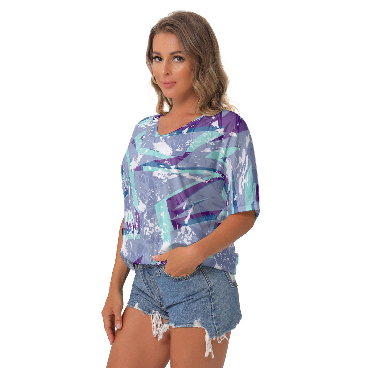 All-Over Print Women's Bat Sleeves V-Neck Blouse