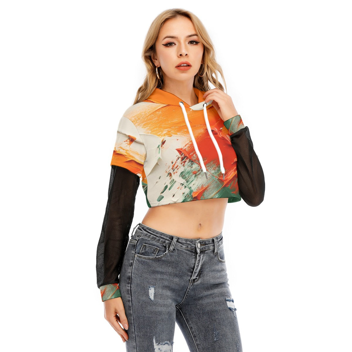 All-Over Print Women's Fake Two-piece Mesh Sleeve Cropped Hoodie