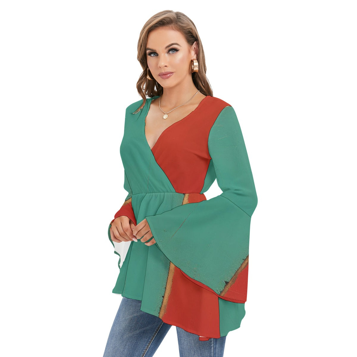 All-Over Print Women's V-neck Blouse With Flared Sleeves