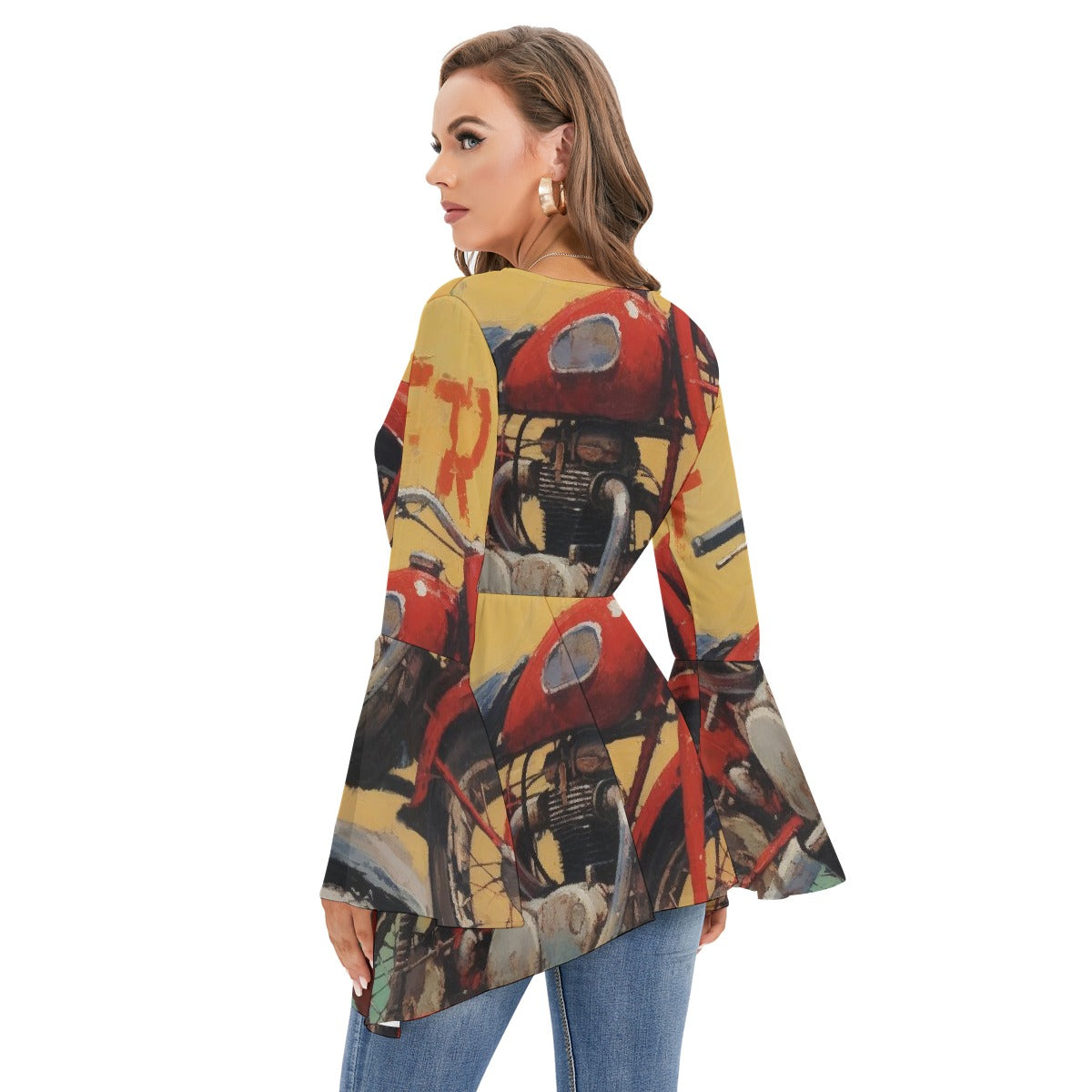 All-Over Print Women's V-neck Blouse With Flared Sleeves