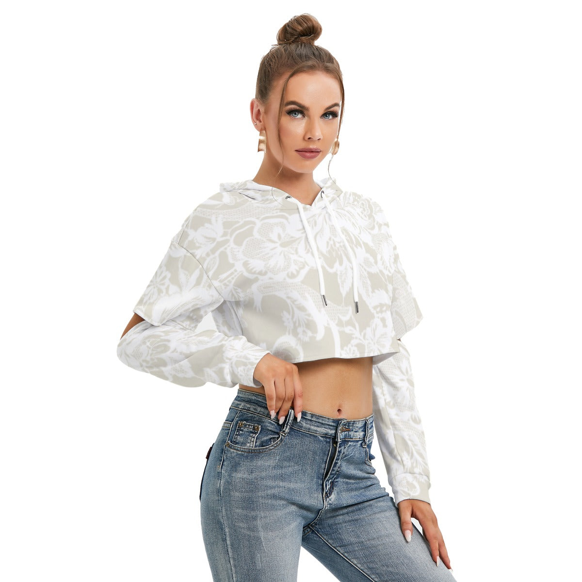 All-Over Print Women's Heavy Fleece Hoodie With Hollow Out Sleeve