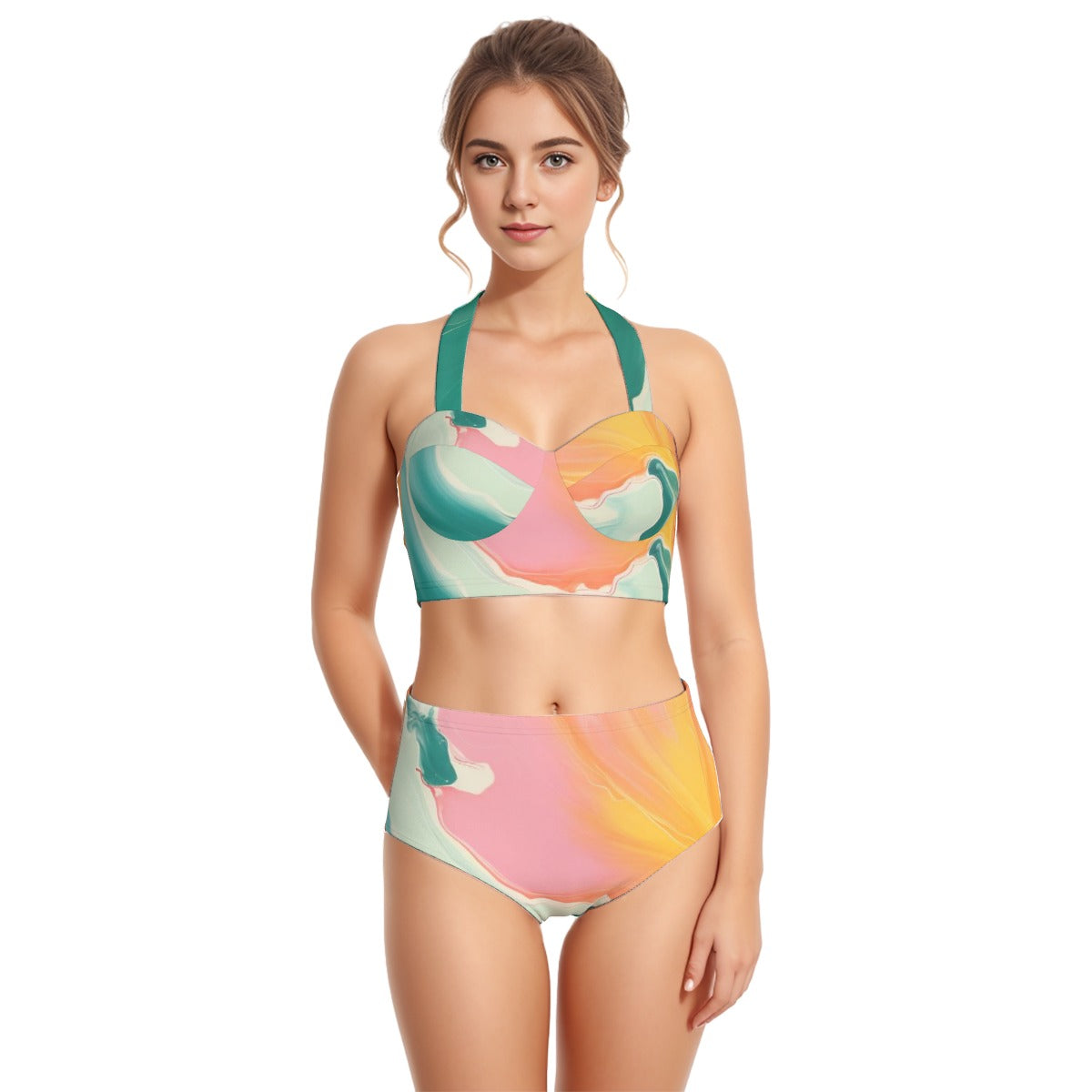 All-Over Print Women's Swimsuit Set With Halter
